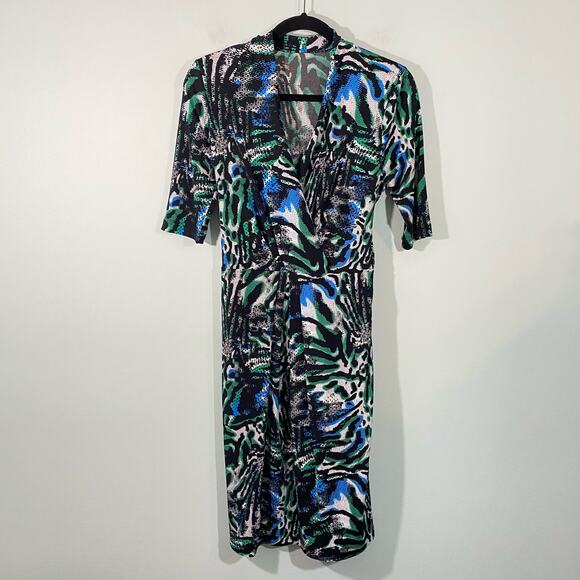 T Tahari Women's Blue & Green Abstract Animal Faux Wrap Jersey Knit Dress Size S - Picture 1 of 8